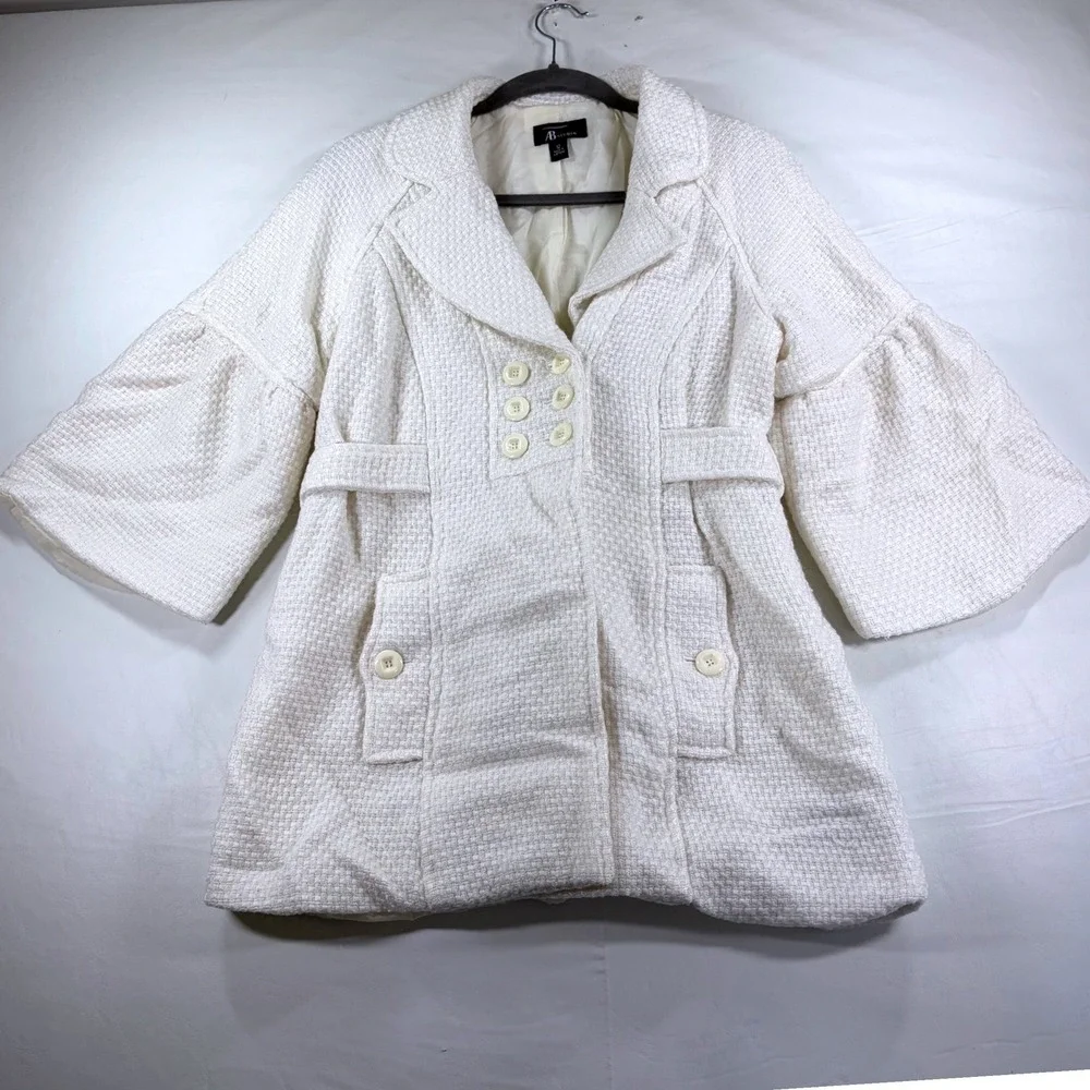 AB Studio Womens Jacket White Tweed Parisian‎ Bell Sleeve Belted Peacoat Size 12
